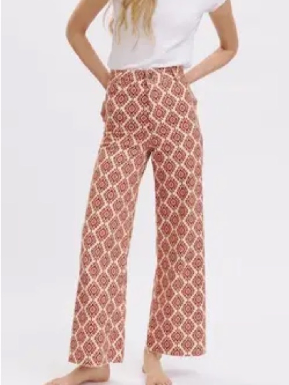 Zara | High-Waisted Wide Leg Red & Cream Geometric Tribal Print Jeans -Boho Chic